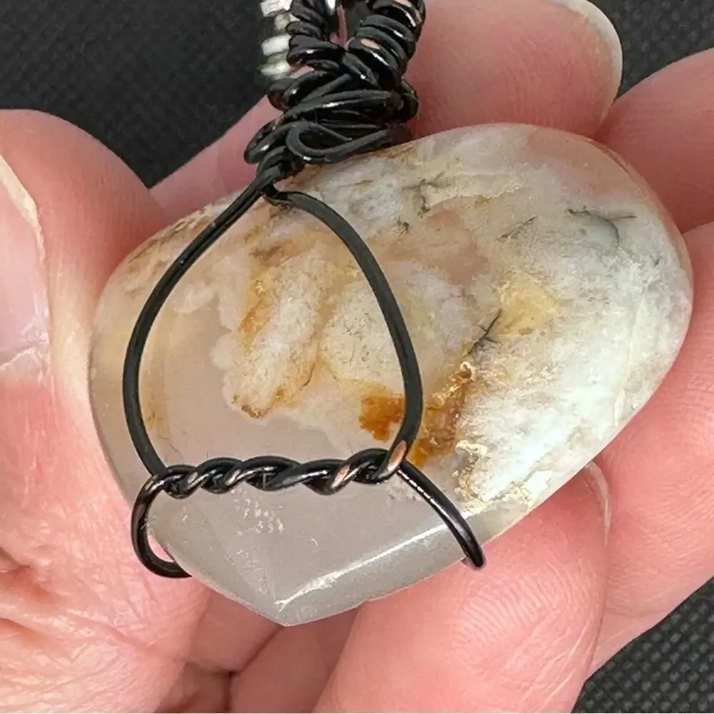 Flower Agate keychain wire wrapping distressed black wire handmade